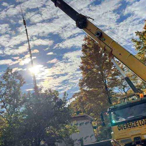 Crane moving house